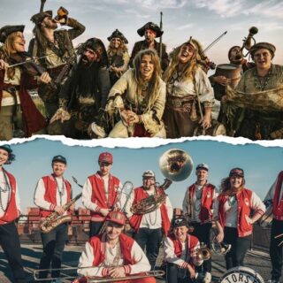 De Förvisades Karneval med piraterna i Ye Banished Privateers och gatumusikerna i Storstan Street Brass